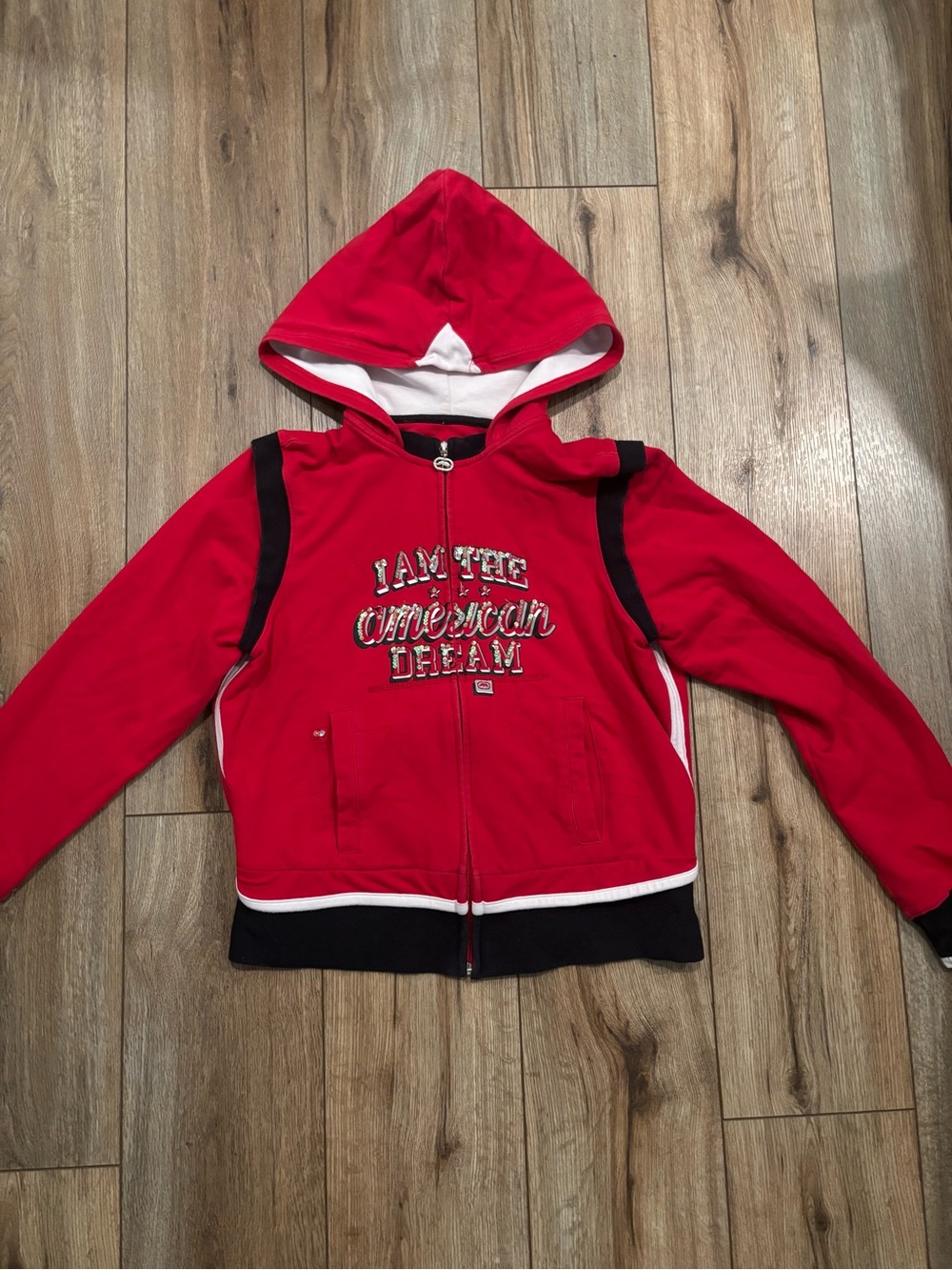 Vintage Y2K Sequin Zip-Up Hoodie Jacket I am the American Dream by Ecko Red